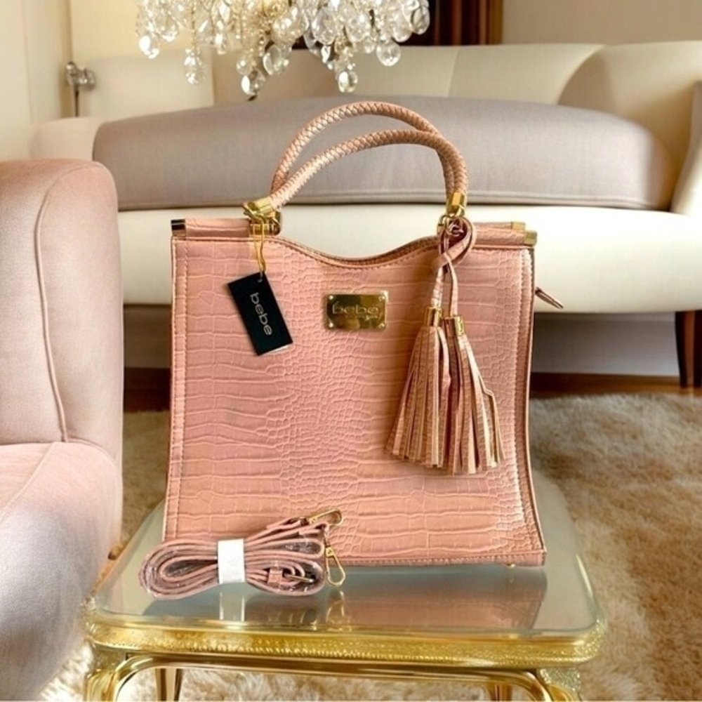 Bebe Natalie Dusty Pink Croco Faux Leather Satchel Tote Bag NWT - Picture 3 of 8